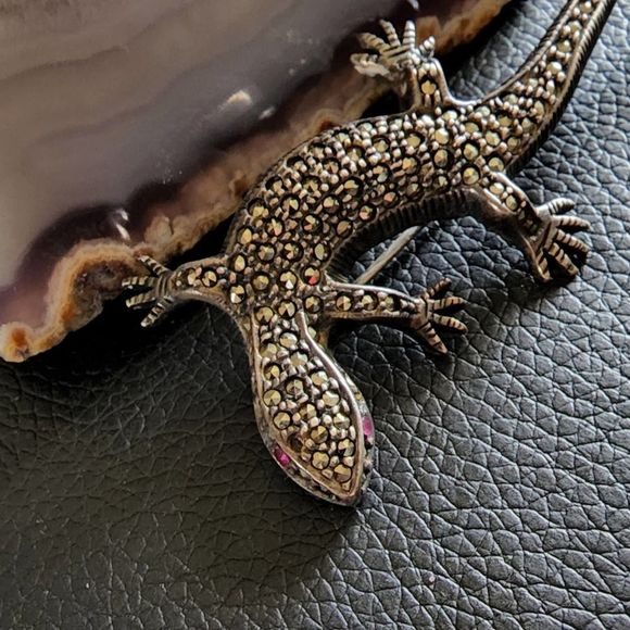 Judith Jack Sterling Silver and Marcasite Lizard Brooch Ruby Eyes - Picture 2 of 7
